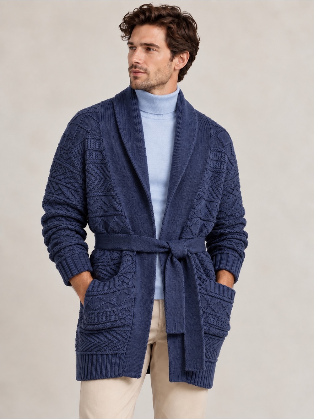Brooks Brothers Navy Shawl Collar Belted Cable Knit Cardigan